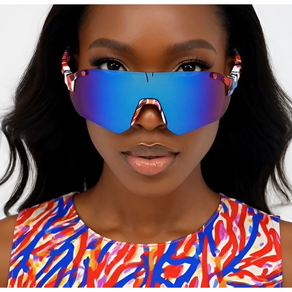 Multicolor Graffiti Women Sunglasses Blue Mirrored Lens Sport Performance Shades